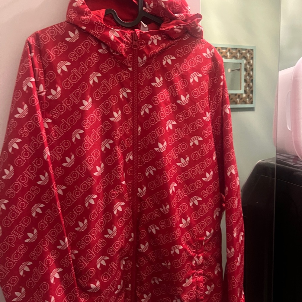 Adidas Red Full-Zip Hoodie with Logo Pattern